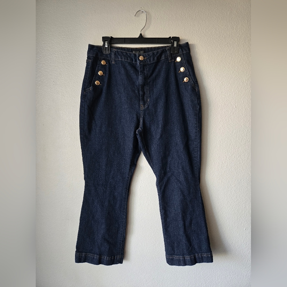 Rachel Zoe Dark Blue Jeans with Gold Button Detail, High Rise, Cropped, Size 12